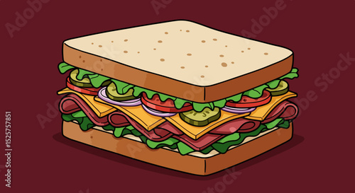 Vibrant sandwich with lettuce, tomato, onions, and meat on sesame seed bread