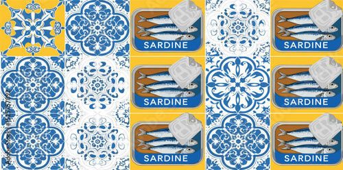 Portugal sardine and tile ornament seamless pattern. Vector cute traditional Portuguese geometric print. Hand drawn fish and summer Mediterranean food wallpaper, textile design, repeat background