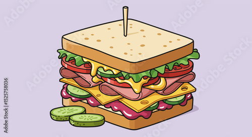 Delicious sandwich with meat, cheese, lettuce, tomato, and cucumber on toasted bread