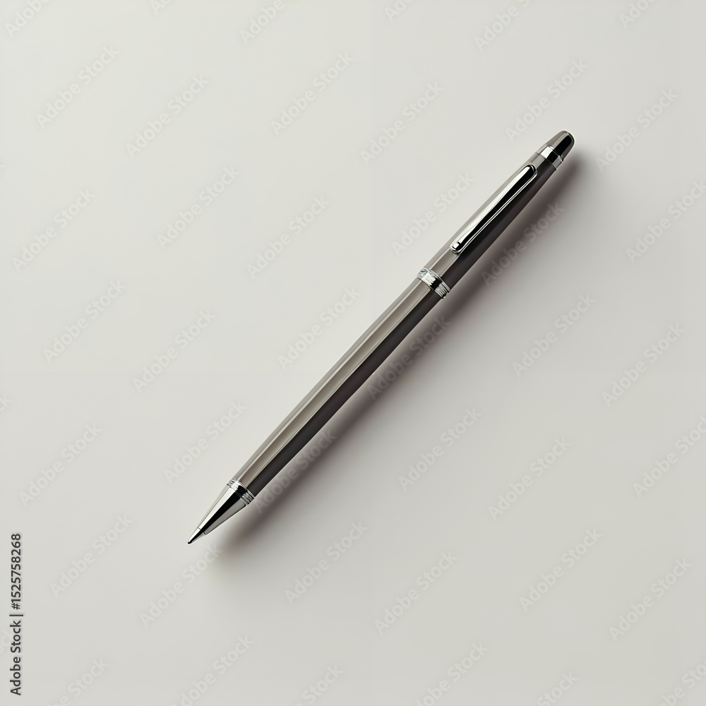 Sleek silver ballpoint pen resting on plain white background ideal for writing tasks Sleek silver ballpoint pen resting on plain white background ideal for writing tasks