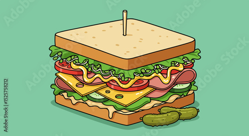 Illustration of a sandwich with toasted bread, lettuce, tomato, cheese, and meat on a green background