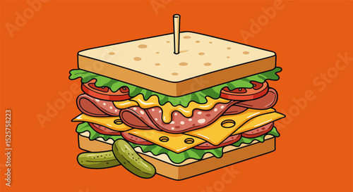 Illustration of a layered sandwich with lettuce, tomato, pickles, and melted cheese on toasted bread