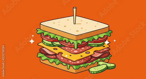 Illustration of a sandwich with lettuce, tomato, and deli meat on a red background