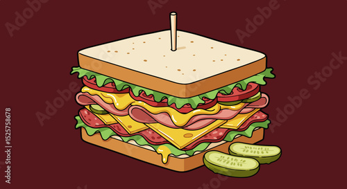 Classic sandwich with lettuce, tomato, and meat on sesame bread with pickles