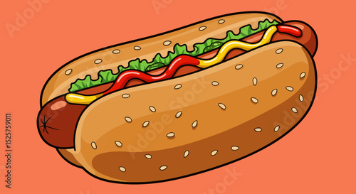 Close-up illustration of a classic hot dog with relish and mustard on a sesame seed bun