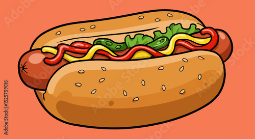 Close-up illustration of a classic hot dog with mustard, ketchup, and lettuce on a sesame seed bun