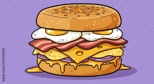 Breakfast sandwich with fried egg, bacon, cheese, lettuce, and tomato on sesame seed bun