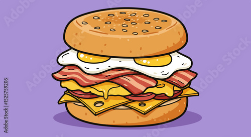 Close-up of a hearty sandwich with sesame seed bun, bacon, cheese, and fried egg on a purple background
