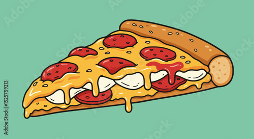 Single slice of pizza with pepperoni and mushrooms on green background