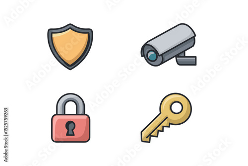 Icons representing security features: shield, camera, lock, and key on transparent background.
