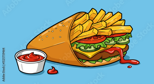 Delicious wrap with lettuce, tomato, and meat, fries, and ketchup on a light blue background