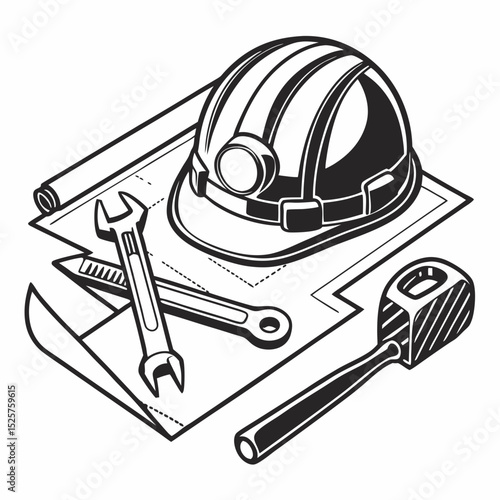 Professional construction helmet tools blueprint design element