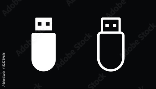 White USB Flash Drive Icons on Black Background – Solid and Outline Style