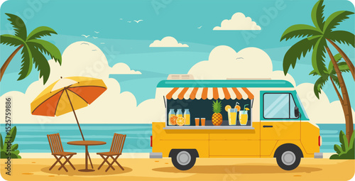 Yellow food truck on a beach with tropical fruits and drinks under a striped umbrella