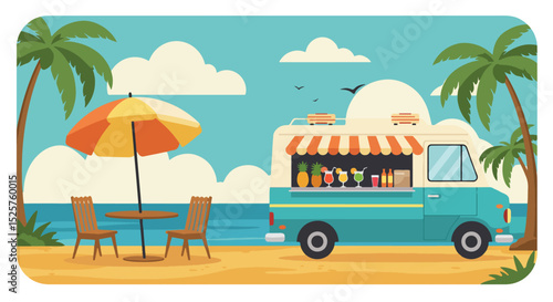 Turquoise food truck with red and white striped awning on sandy beach with ocean and palm trees