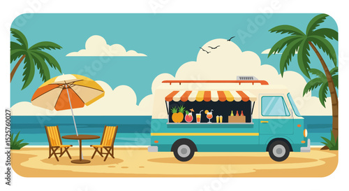 Vibrant beachside scene with turquoise food truck, seating area, ocean, and palm trees
