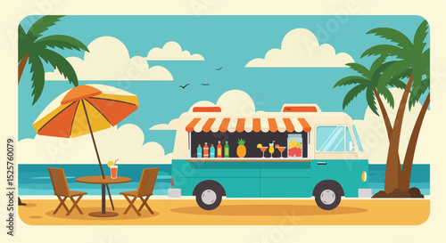 Vibrant beachside scene with turquoise food truck and colorful beverages on golden sand