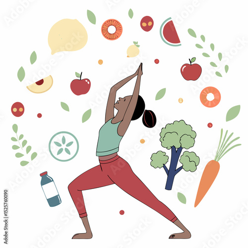 Healthy lifestyle yoga fitness woman fruits vegetables