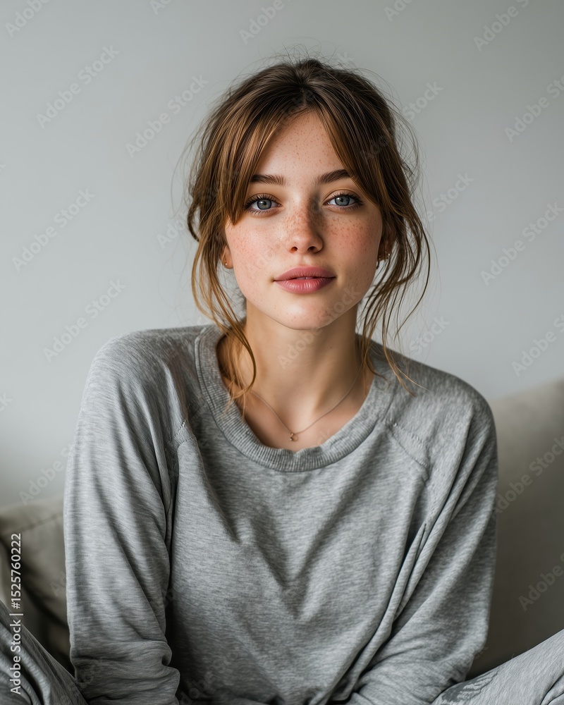 Fototapeta premium Relaxed Fashion Model in Casual Homewear with Soft Daylight, Cozy Clean Lifestyle Portrait Against Neutral Backdrop