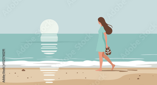 Woman walking on a sandy beach with light turquoise waves and a bright sun in the background