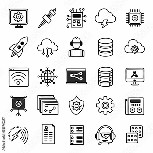 Technology icons set digital innovation cloud computing