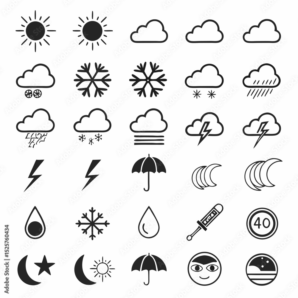 Weather icons set sun cloud rain snow lightning Weather icons set sun cloud rain snow lightning
