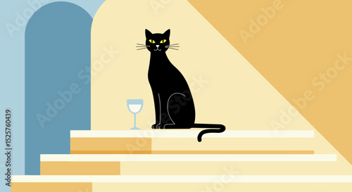 Stylized black cat on white ledge with yellow steps and blue glass