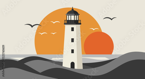White lighthouse with black accents on rocky shore at sunset with seagulls flying