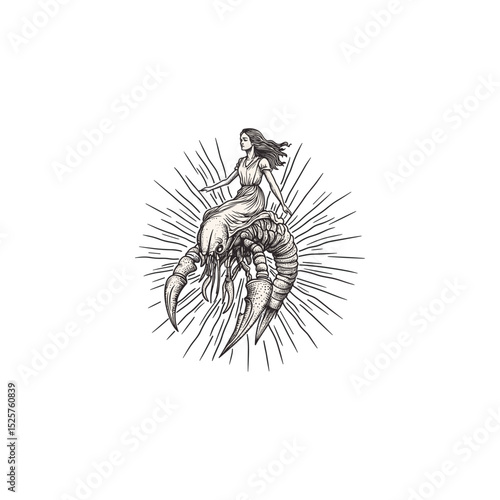 Graceful woman riding mighty shrimp design vector template illustration