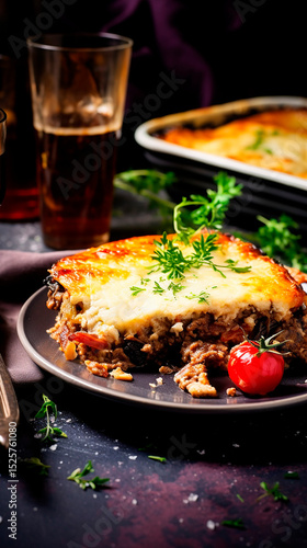 A slice of moussaka on a plate with tomato garnish and beer in the background in dim lighting