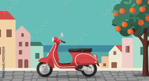 Red scooter with black seat parked on cobblestone street in front of pastel-colored residential buildings