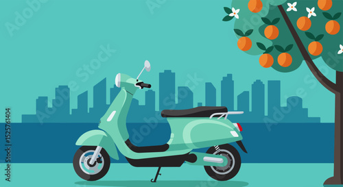 Mint green scooter with black seat and handlebars parked on light blue surface next to tree with green leaves and orange fruits, city skyline in background