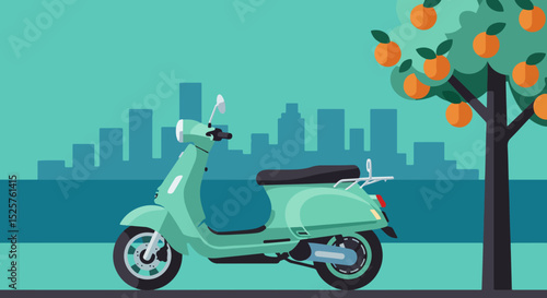 Mint green Vespa scooter with black seat parked on urban road beside orange fruit tree