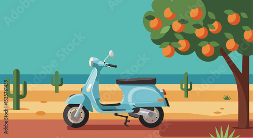 Light blue scooter parked in desert with apricot tree and cacti under clear sky