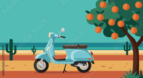 Light blue scooter with black seat and rear storage parked on sandy terrain in desert with cacti and orange-fruited tree