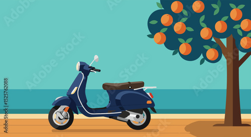 Blue scooter on sandy beach with orange fruit tree and water in background