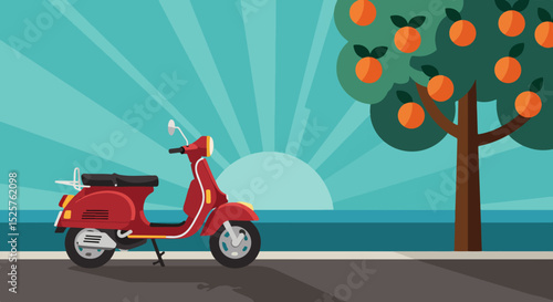 Classic red Vespa scooter parked on a winding road with a tree and body of water at sunset