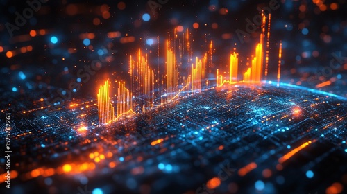 Futuristic business growth chart with glowing blue and orange bars, abstract digital background, clean corporate style.