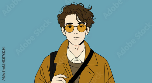 Young man with short dark brown hair, yellow-tinted sunglasses, and a brown jacket over a green shirt