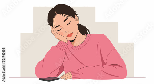Young woman in pink sweater in quiet introspection with geometric background
