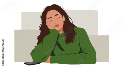 Young woman in quiet introspection with hands clasped in front of face, long dark hair, green top, abstract geometric background