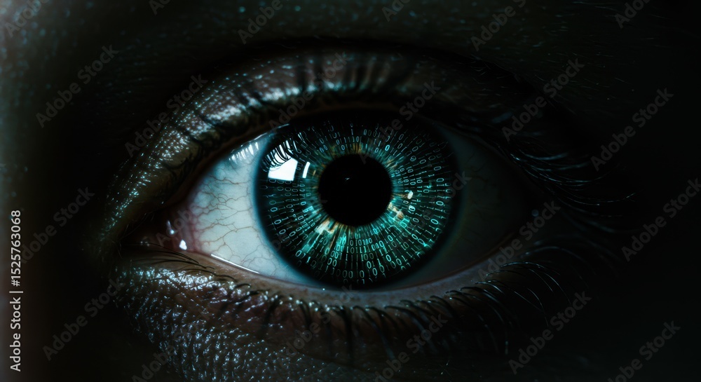 Fototapeta premium Close-up of a human eye with binary code reflecting in the iris for technology concept
