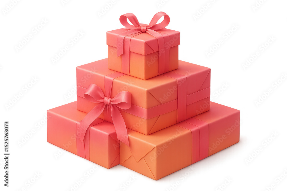Obraz premium Four coral and pink wrapped gift boxes with ribbons are stacked, creating a festive pyramid on a transparent background