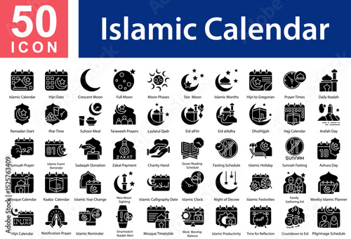 Islamic Calendar Collection of Icons with Glyph Style. Containing: Islamic Calendar  ,Hijri Date  ,Crescent Moon  ,Full Moon  ,Moon Phases  ,Star & Moon  ,Islamic Months  ,Hijri to Gregorian  