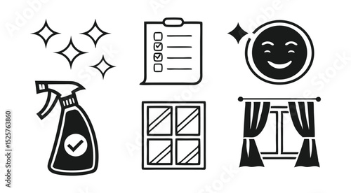 Minimalist Black Cleaning Icons Set – Spray, Cloth, Window, Checklist