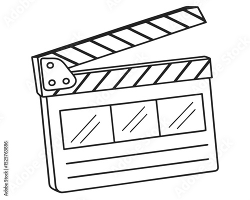 Simple black and white film clapperboard isolated on white background suitable for various design projects.