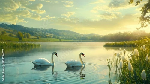 Two swans glide serenely on a tranquil lake at sunrise. Lush green hills and soft clouds frame the peaceful scene