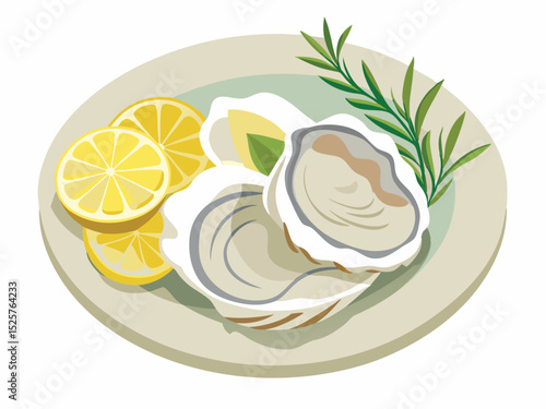 Freshly shucked oysters served on a plate with lemon slices and fresh rosemary illustration