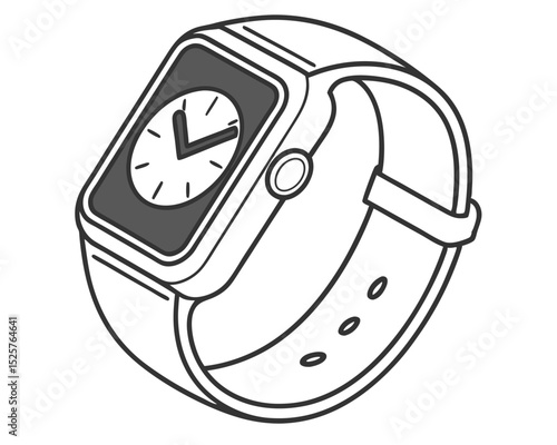 Modern smartwatch depiction vector illustrating time and technology elements in black and white.