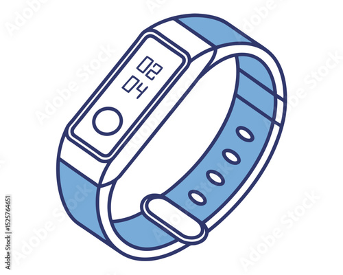 Digital fitness tracker smartwatch vector illustration in blue and white with time display.
